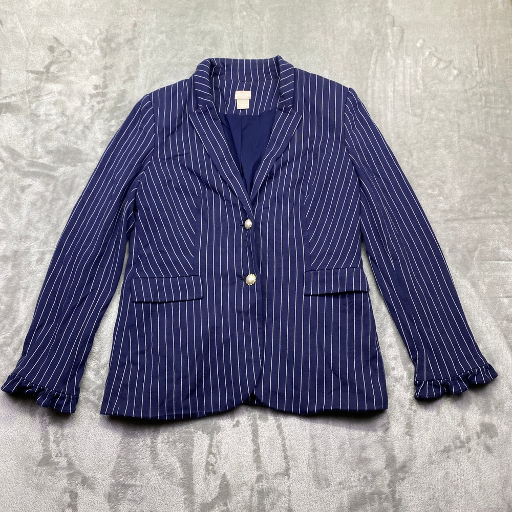 Chico's Navy Pinstripe‎ Blazer Ruffle Cuff Pearl Buttons Size 1 US 8/10 Preppy